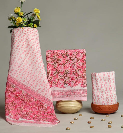 Elegant Hand Block Print Cotton Suit Set with Mulmul Dupatta (PRMUL90)